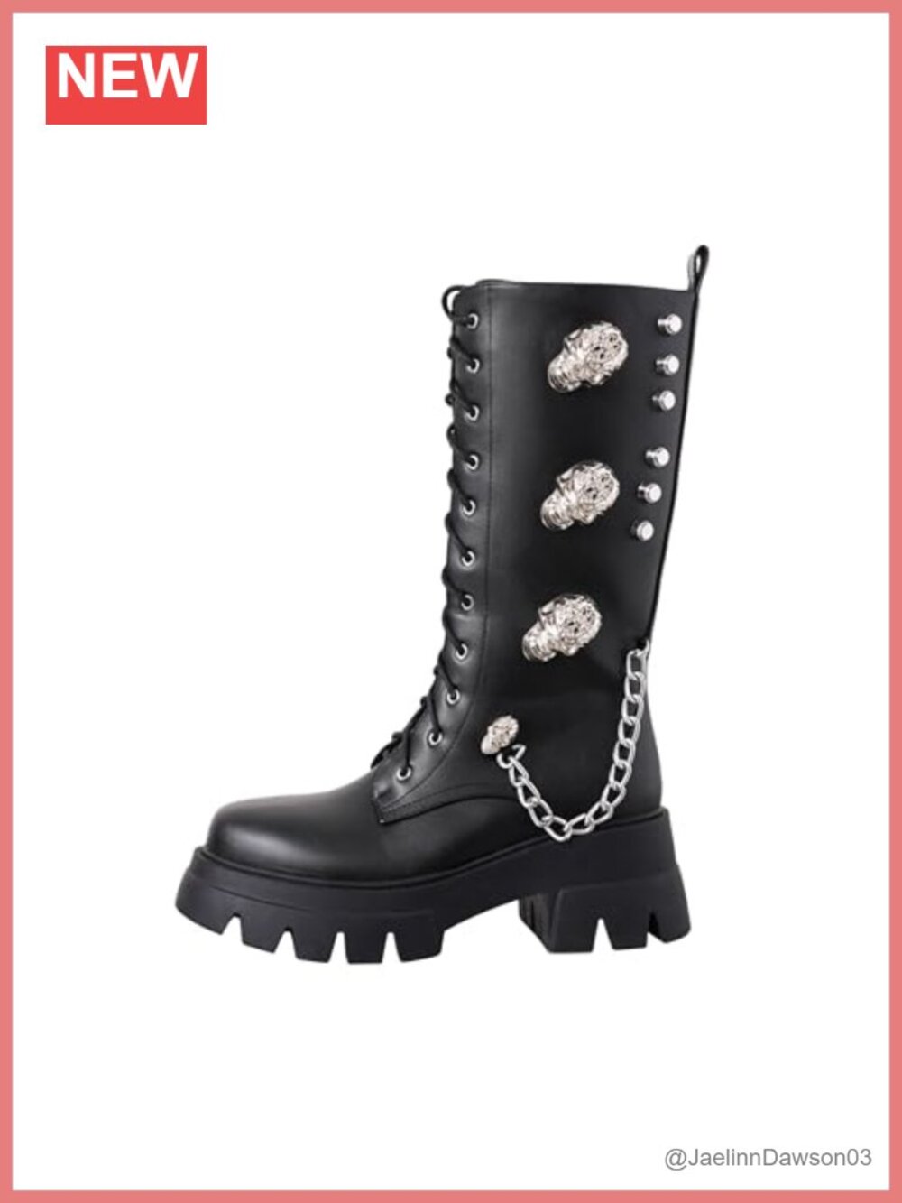 Womens Combat Boots Chunky Heel Side Zip Punk Metal Skull Chain Faux Leather